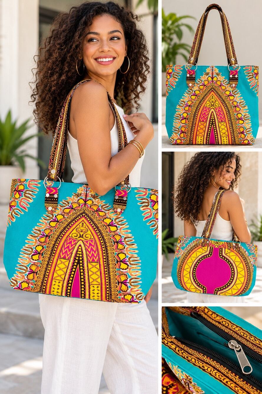 African Dashiki Print Cotton Tote Bag Multicolor Zip Top Boho